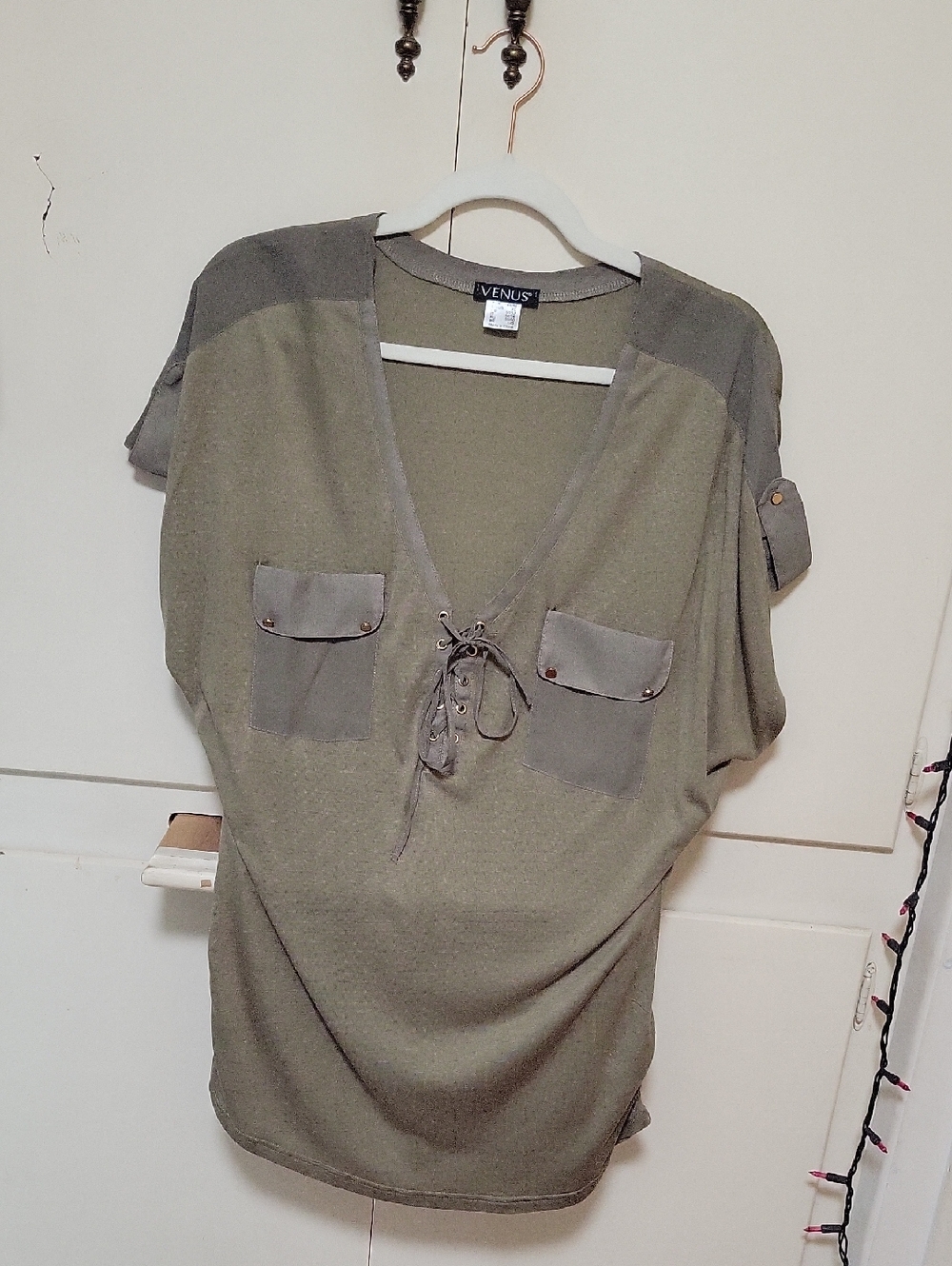 VENUS Olive Green Lace-Up V-Neck Blouse